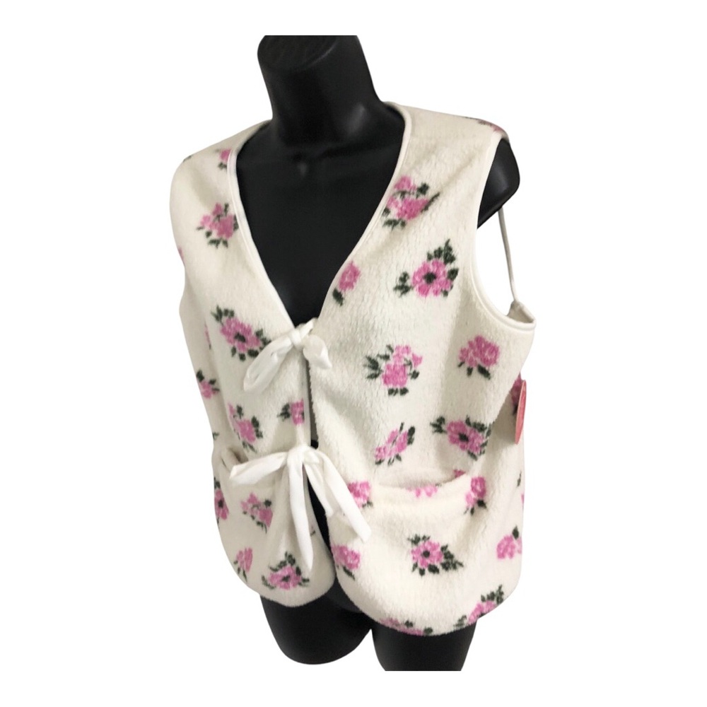 Ivory pink rose flower print sherpa sherling look open tie-front vest size M new